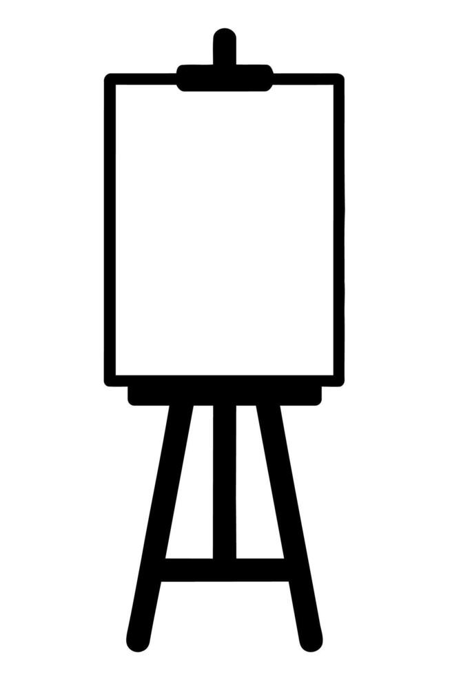 A black and white illustration of an easel with a blank canvas on a tripod stand, set against a plain background. vector