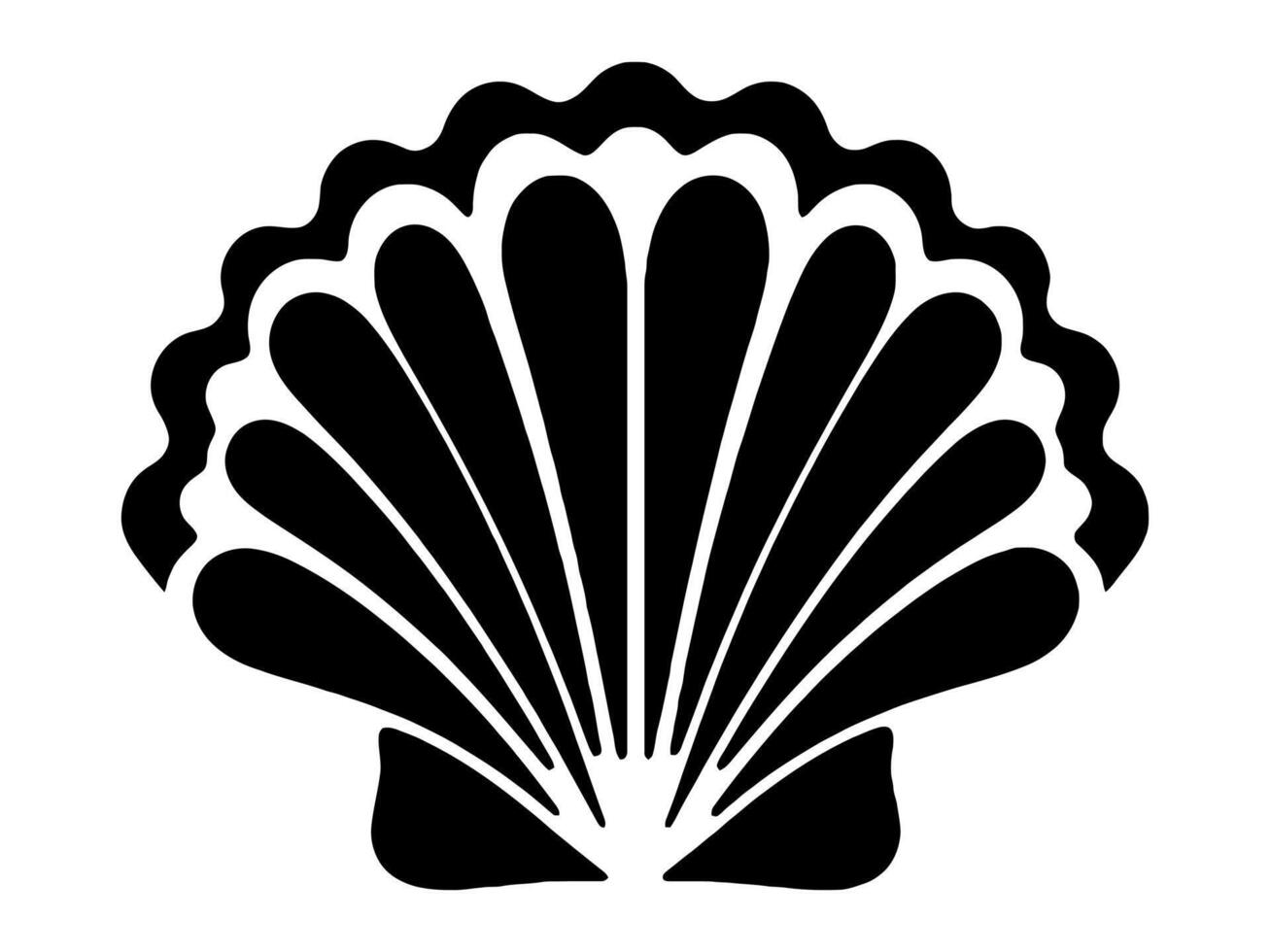 A black and white illustration of a scallop shell, which is a type of marine mollusk known for its distinctive ridged shell. vector