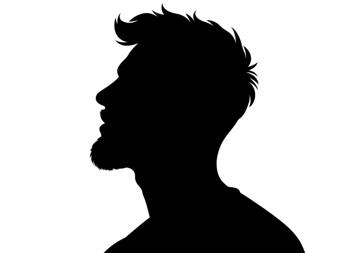A silhouette of a man with short, spiky hair and a beard, looking to his right, against white background. vector