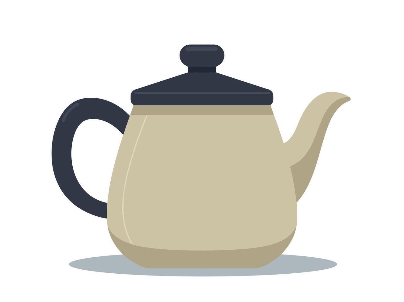 Illustration of a classic teapot with rounded body, handle and spout in light beige, featuring a black lid. Perfect for tea-coffee themes or home decor designs. vector