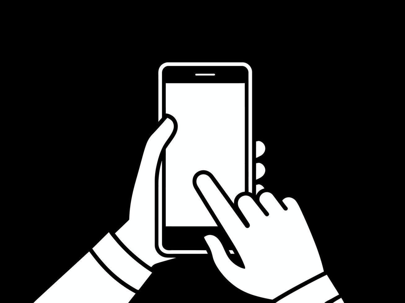 Two hands holding a smartphone, with one hand pointing at the screen, against black background. vector
