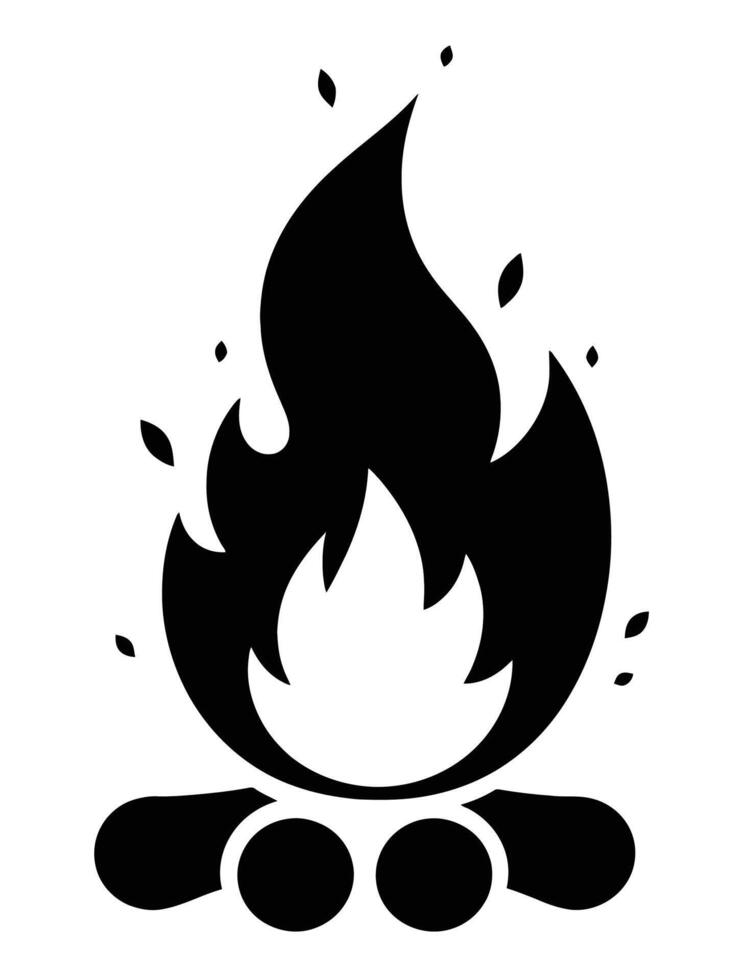 A black and white illustration of a campfire. The fire is depicted with a prominent flame at the center, surrounded by smaller flames and embers. vector