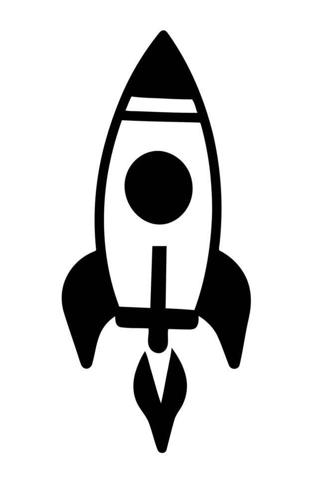 Simple black rocket ship illustration. Ideal for space themed designs, technology projects, or childrens graphics. Clean art. vector