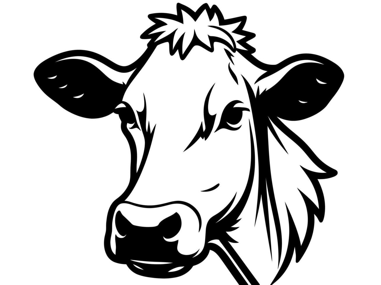 A black and white illustration of a cow's head, featuring the cow with its ears pointed upwards and a small tuft of hair on top of its head. vector