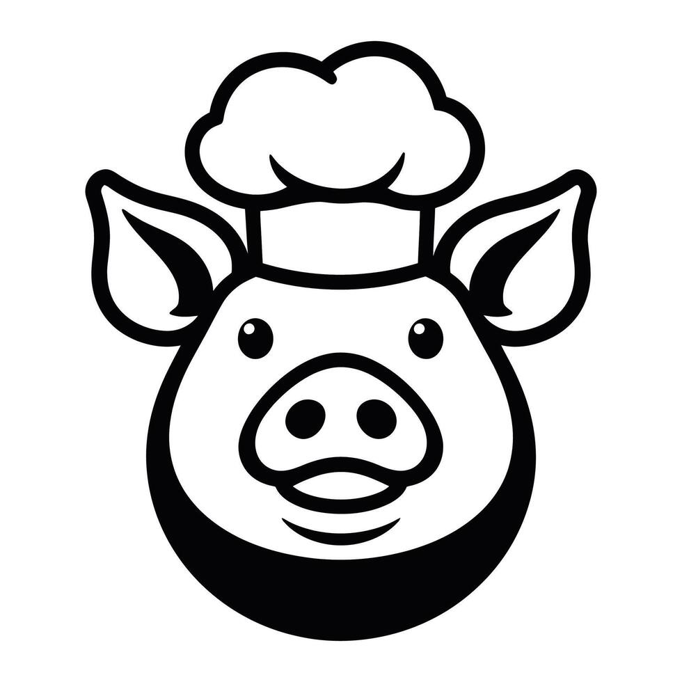 A black and white illustration of a friendly pig wearing a chef's hat. vector