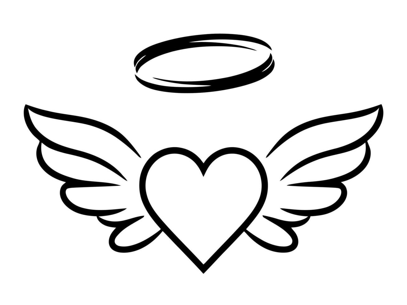 Elegant black outline illustration of a heart with wings and halo. Perfect for designs related to love, spirituality, hope, faith, or memorial themes. Simple and versatile graphic element. vector
