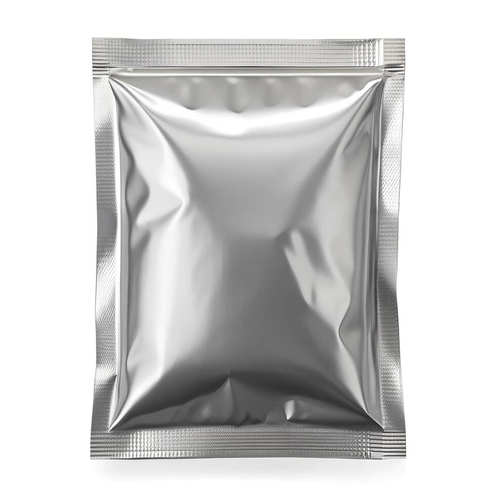 Blank Plastic Metallic Foil pouch Bag Mockup photo