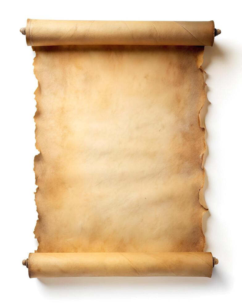 Old paper vertical banner. Parchment scroll isolated on white background photo