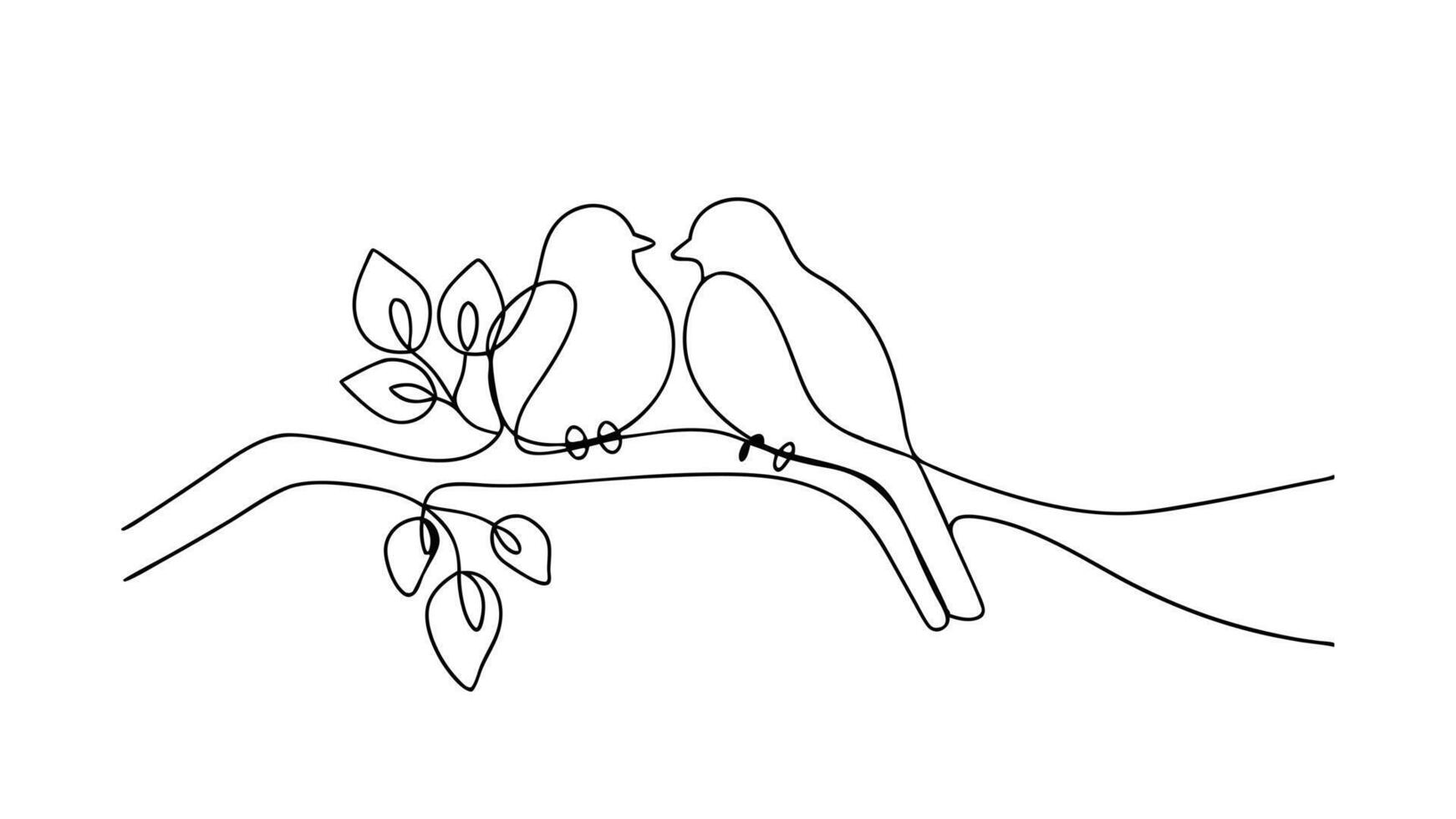 OneLine Drawing Birds on Branch, Love, Nature, Spring, Leaves vector
