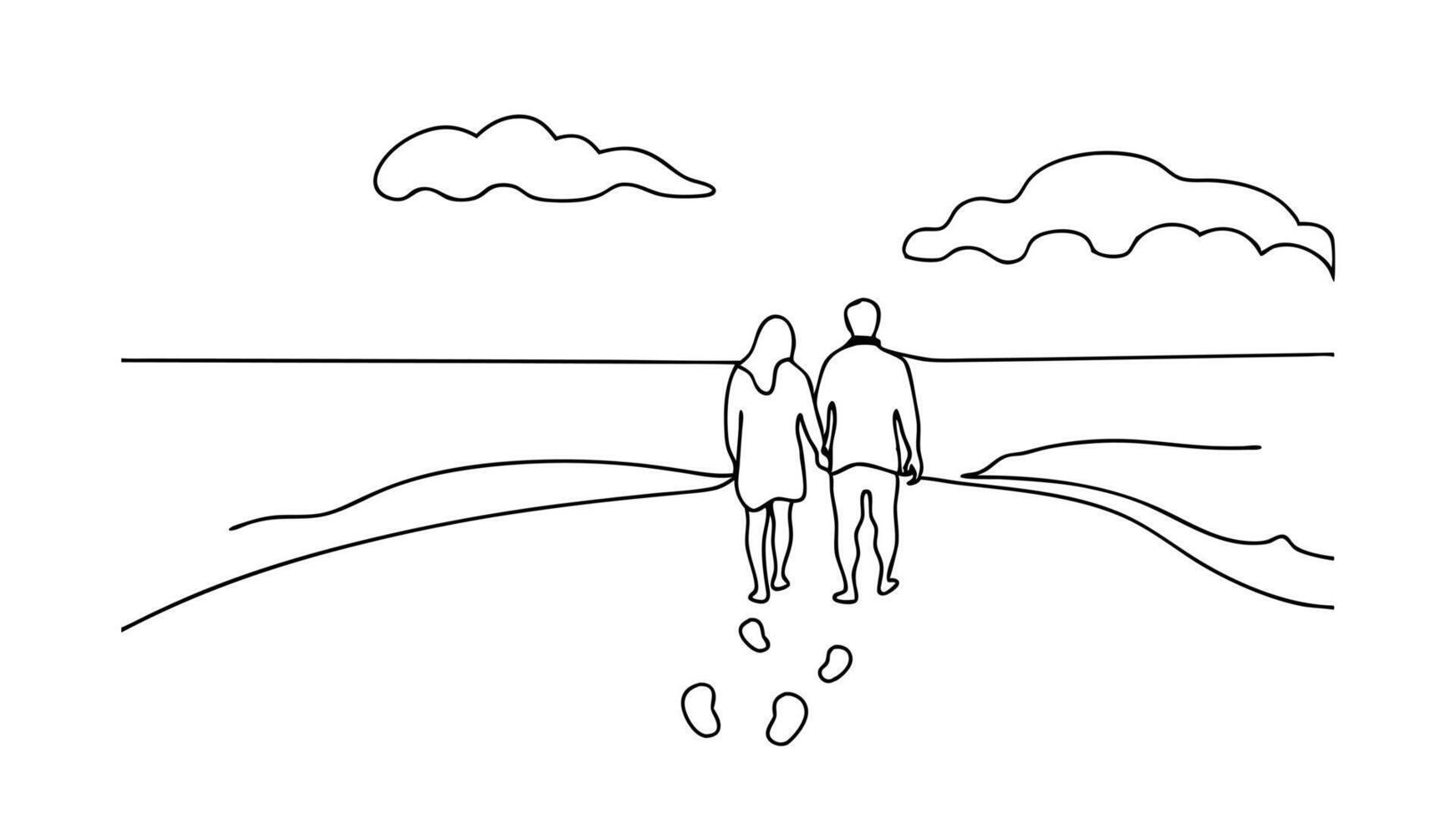 Couple Walking Seashore Beach Ocean Sky Clouds Line Art vector