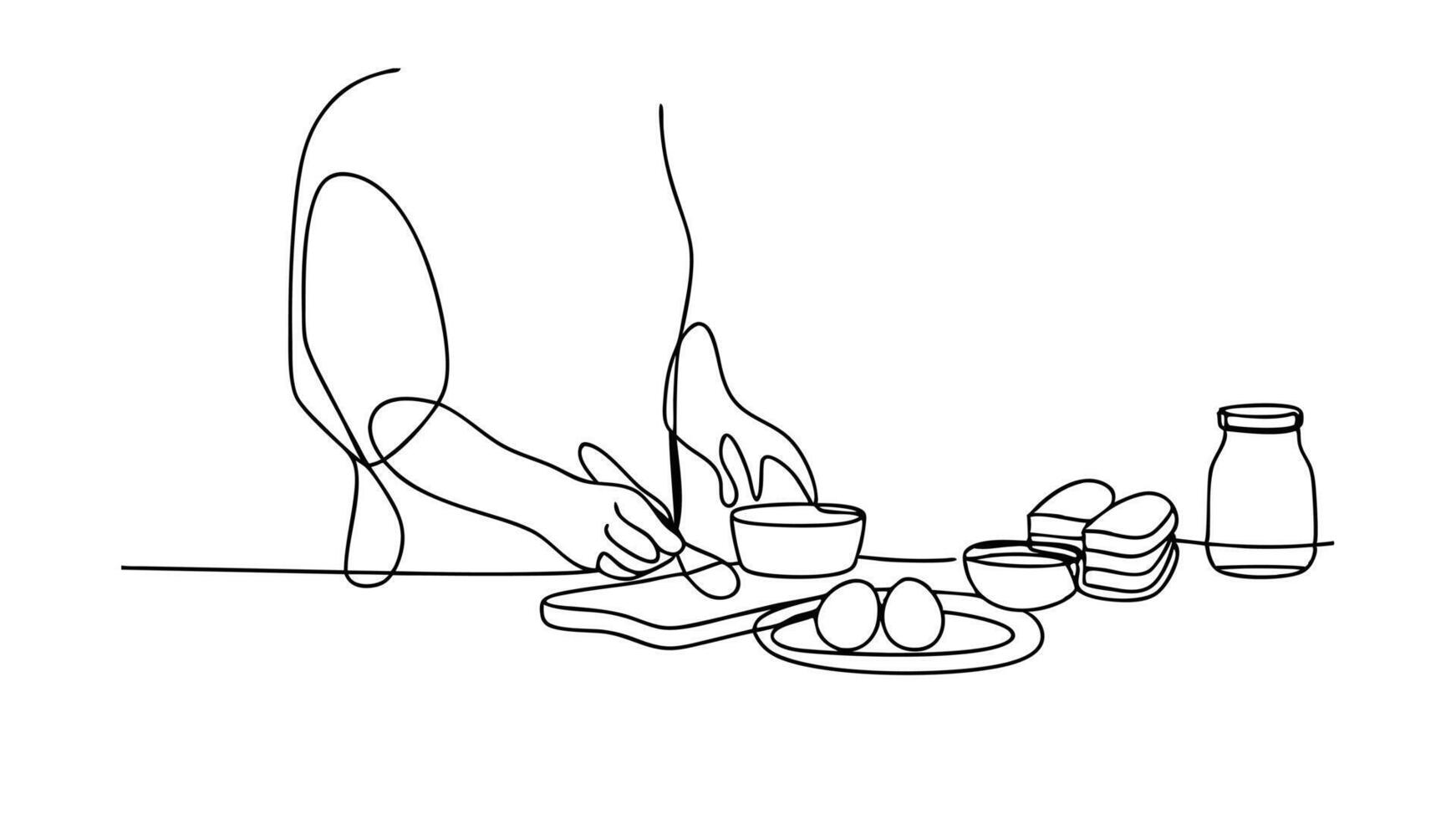 Breakfast Preparation OneLine Drawing of Eggs, Bread, Milk vector