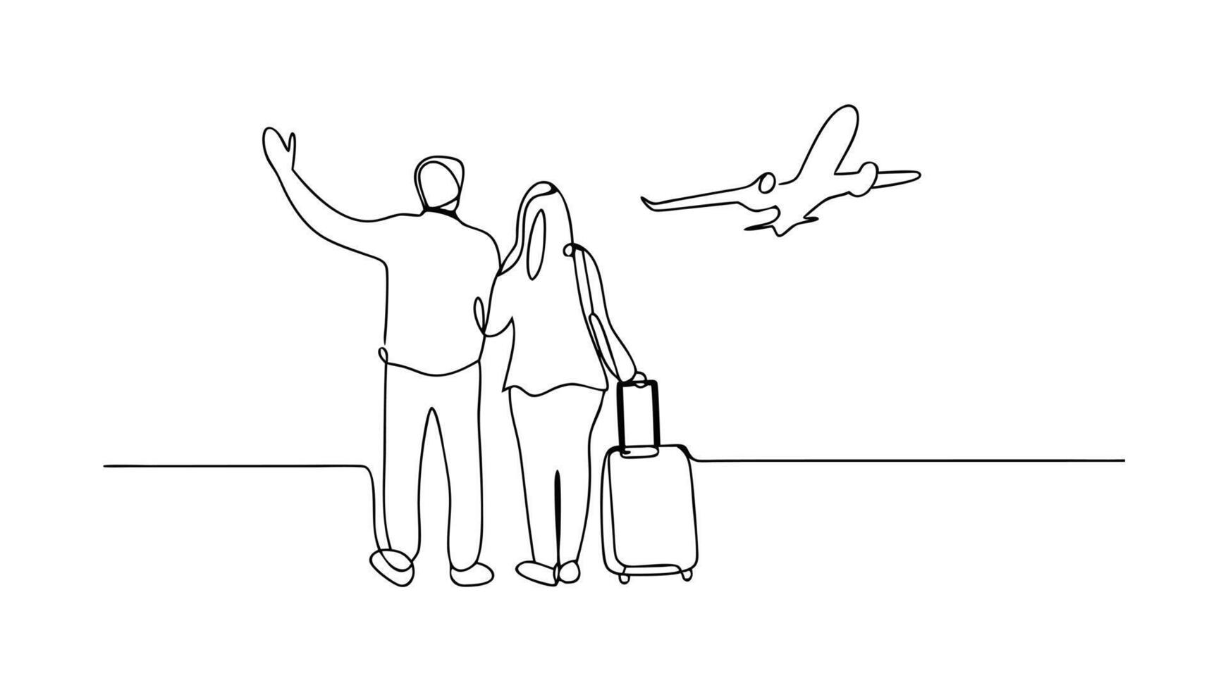 Couple Traveling Airport Departure Airplane Vacation Luggage Trip Wave Goodbye vector