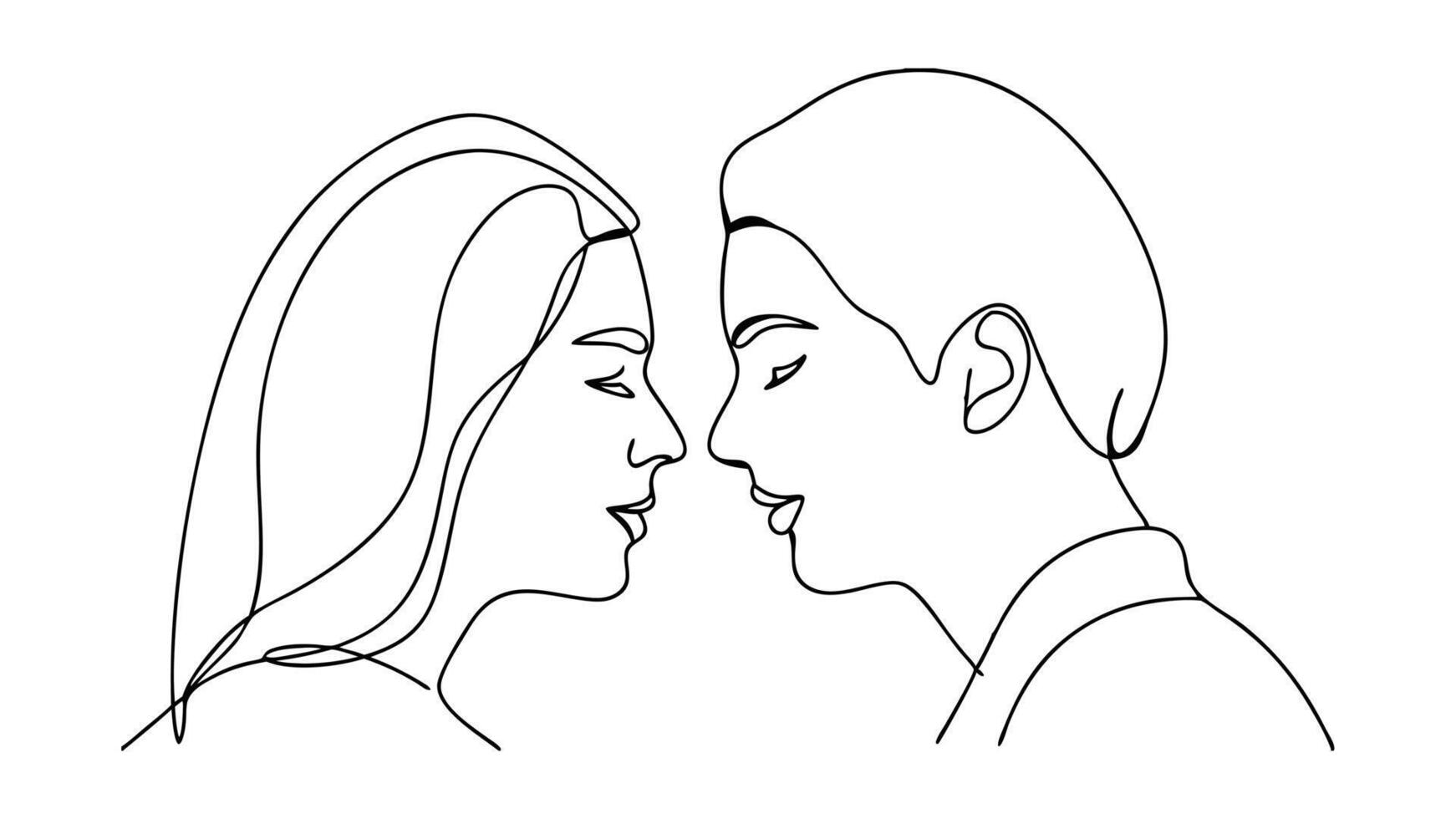 Romantic Couple Line Art Drawing, Minimalist Love Faces, Elegant Design, One Line, Black and White, vector