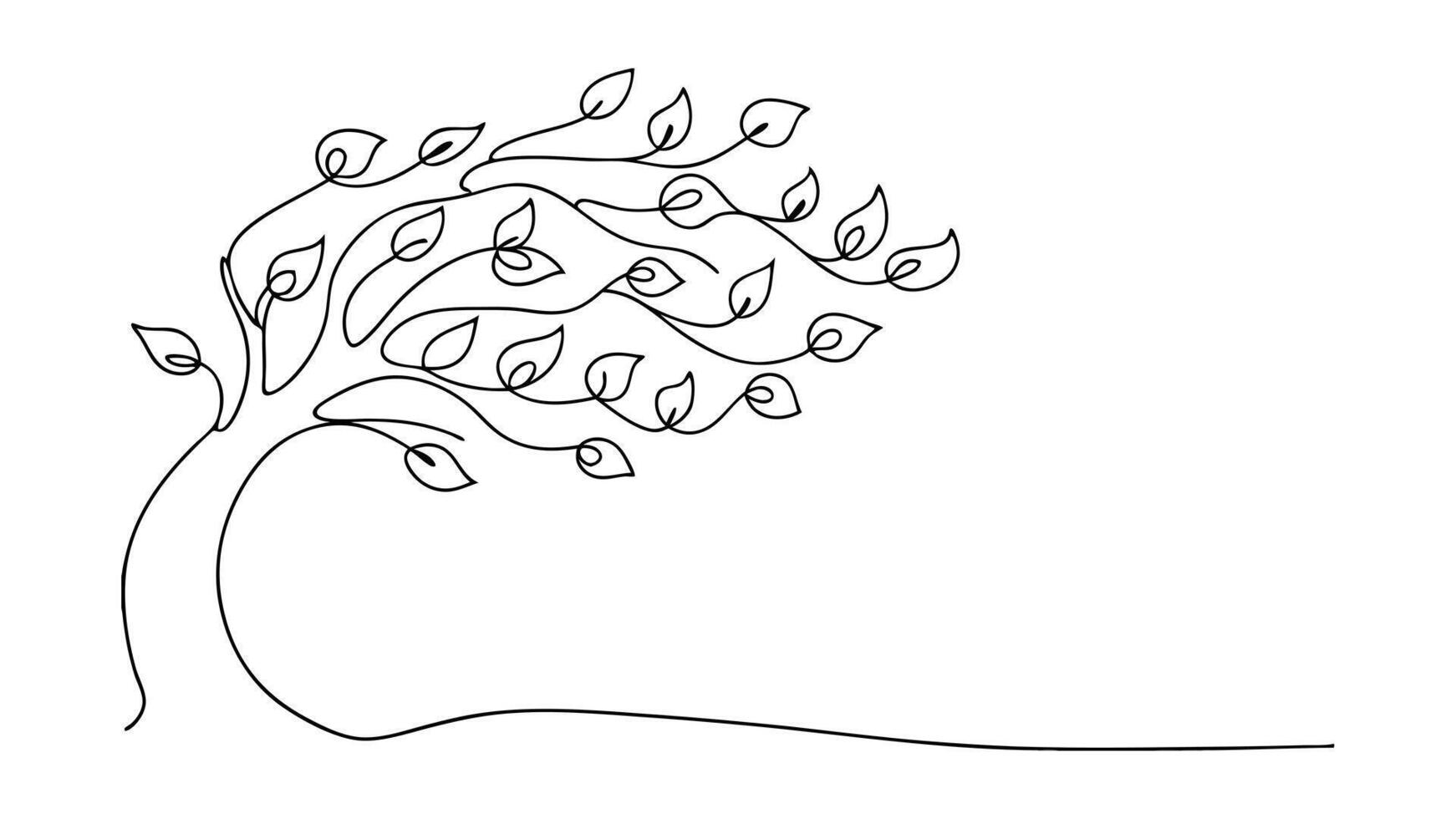 SingleLine Art Windblown Tree, Leaves, Nature, Minimalist, Sketch, Drawing, Elegant, Simple, Design, vector