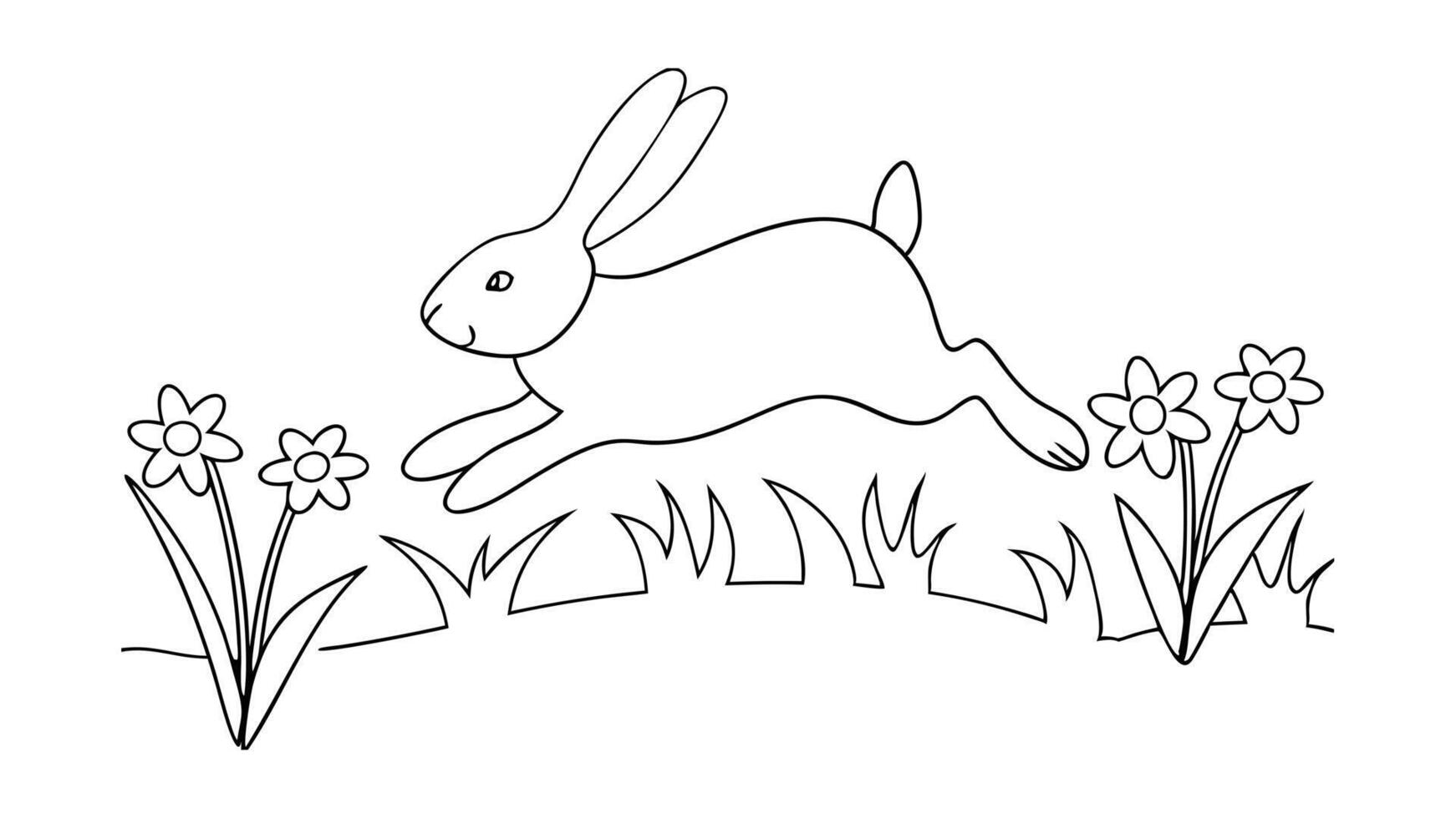 Leaping Rabbit in Springtime Meadow Line Art, Flowers, Grass vector