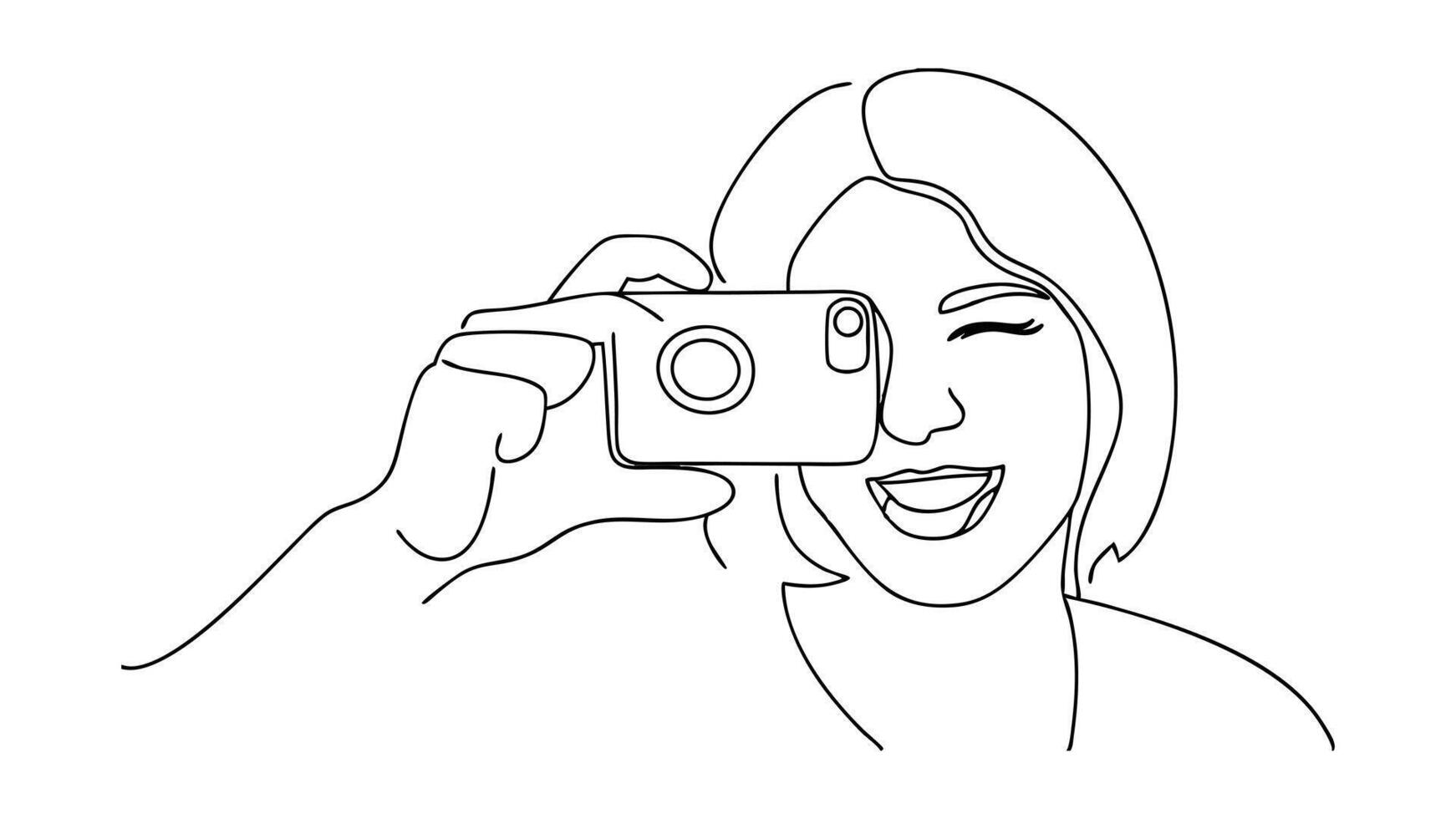 Woman Smiling, Holding Camera, OneLine Drawing, Modern Art, Simple, Minimalist, Black and White, Pho vector