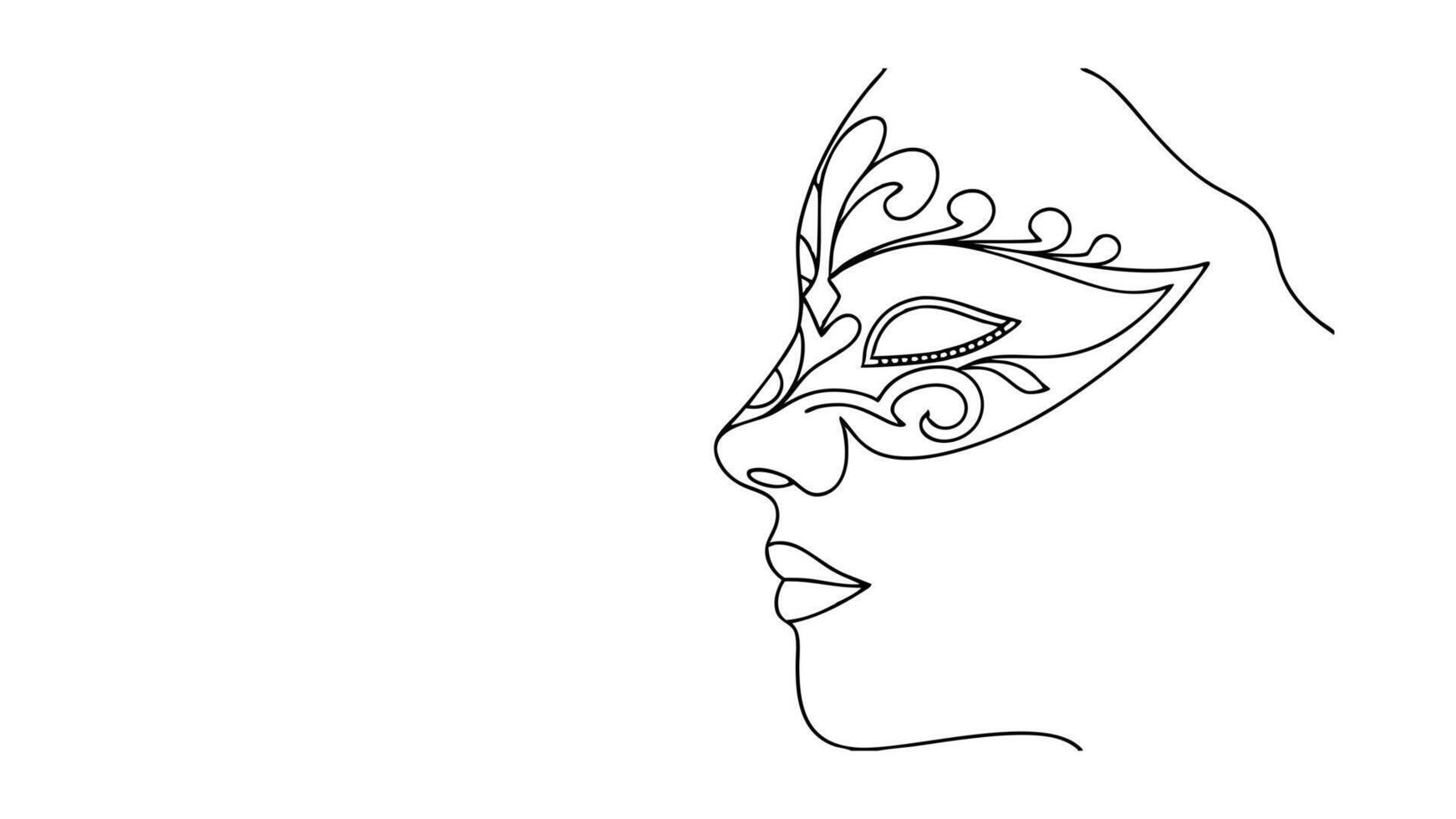 Elegant Womans Profile, Ornate Venetian Mask, Line Art, Simple Design, Black Outline, White Backgrou vector