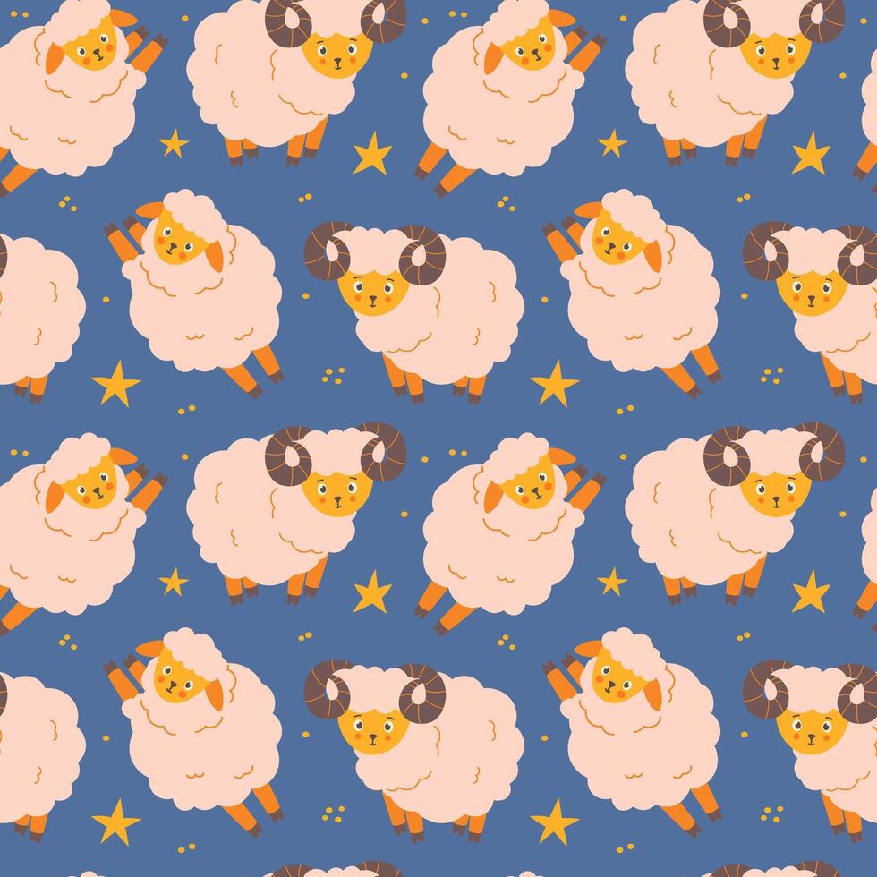 Seamless pattern with cartoon sheep. Counting sheep before bedtime vector