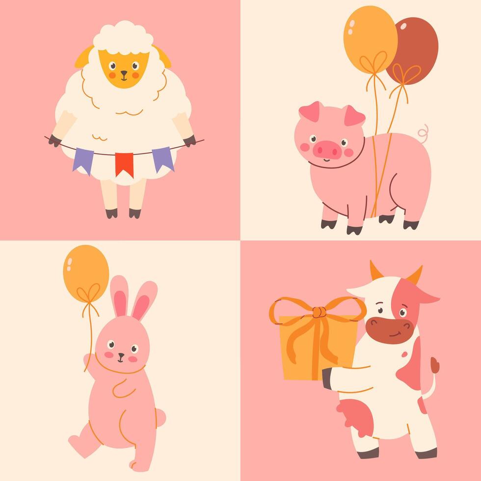 Geometric background with playful animals with balloons and presents vector