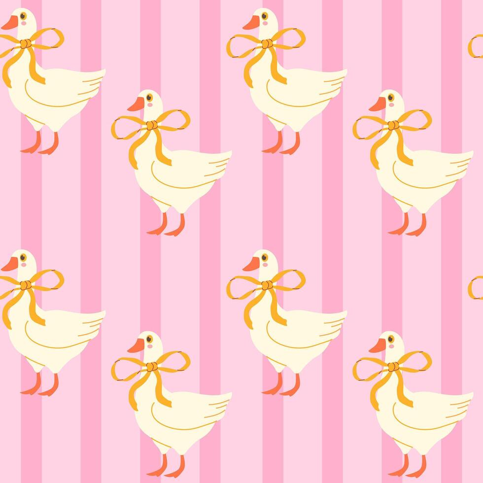 Seamless pattern with cute geese with a bow on a pink background vector