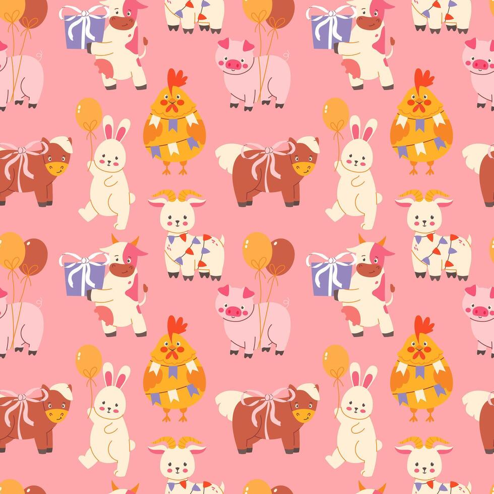 Seamless pattern with cute animals with gifts and balloons vector