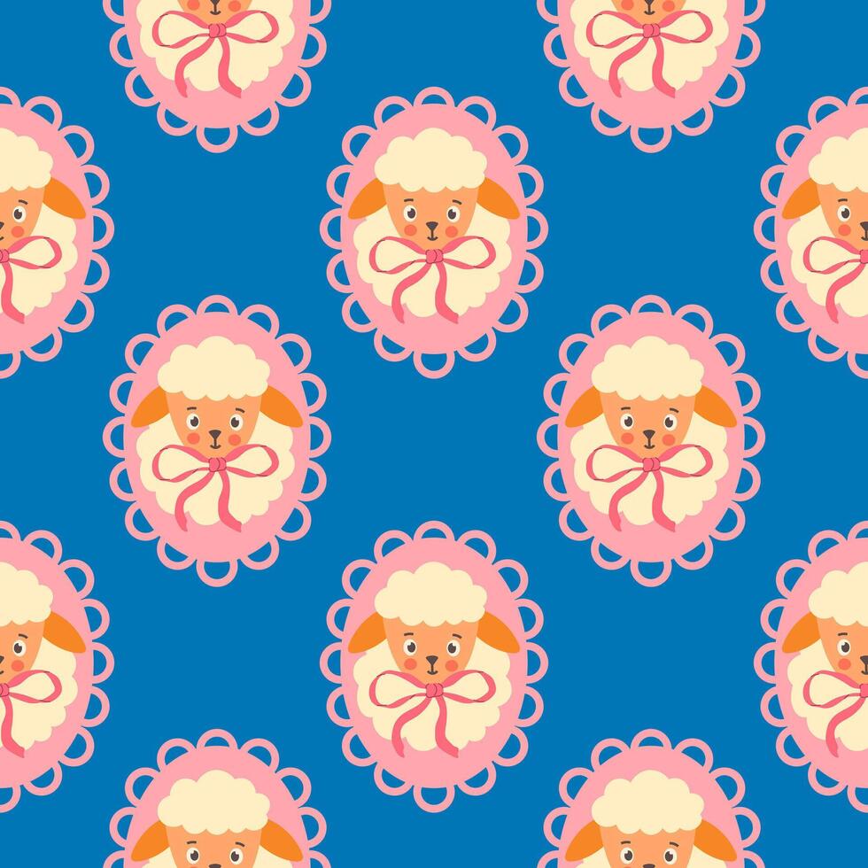 Seamless pattern with cute sheep with bows on a dark background vector