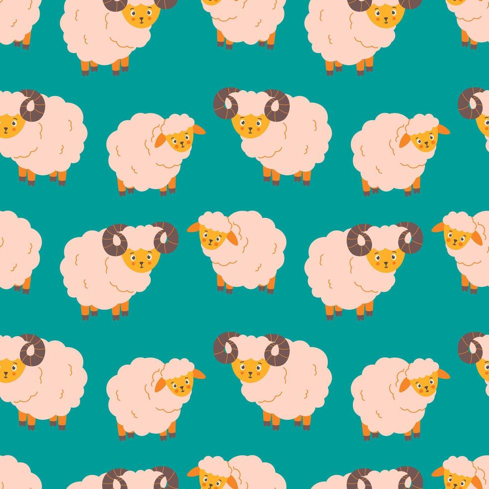 Seamless pattern with playful sheep on a green background vector