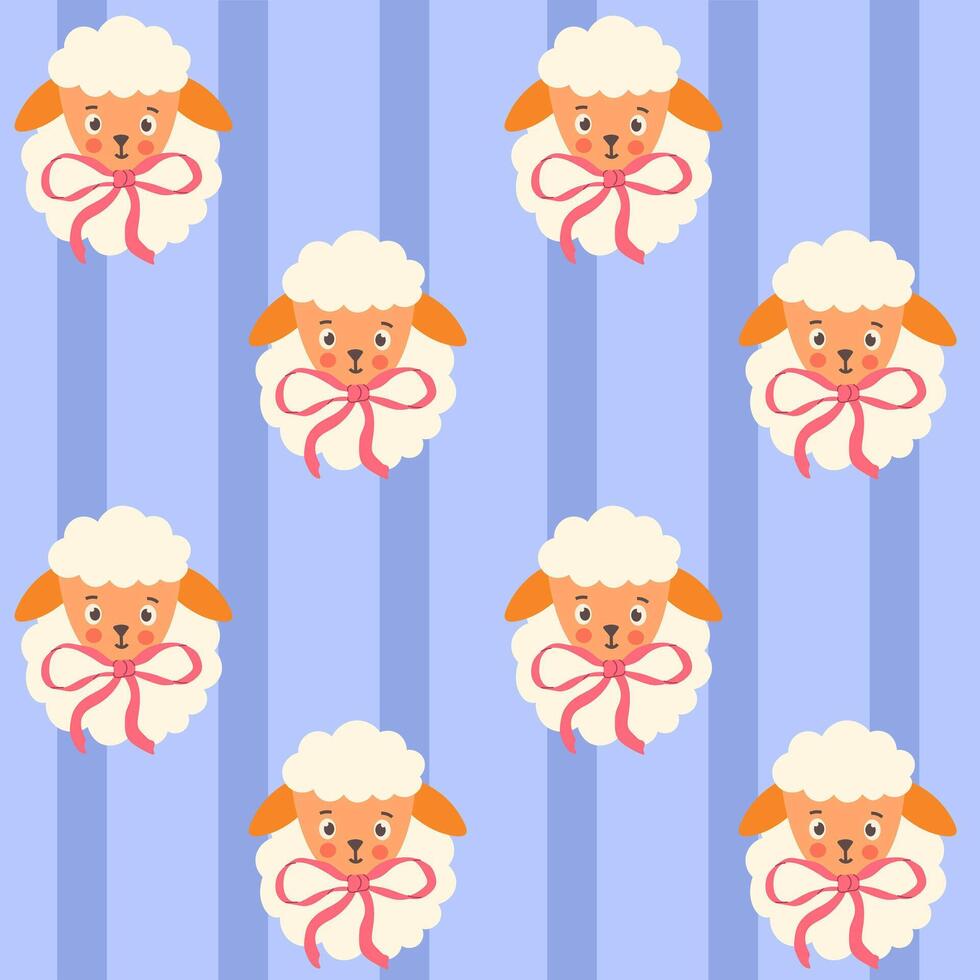 Seamless pattern with cute sheep with bows on a blue background vector