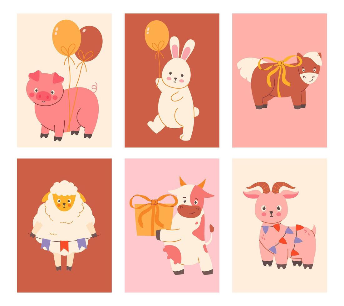 Set of birthday cards with cute animals vector