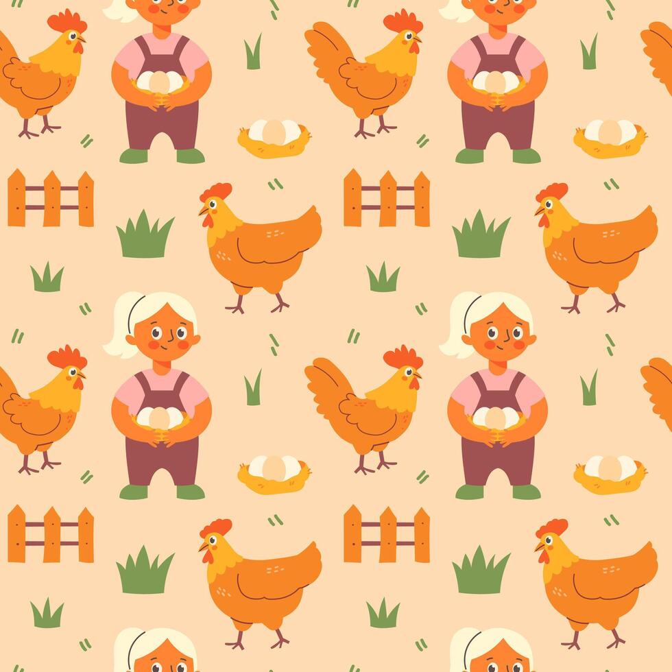 Seamless farming pattern with hens, farmer vector