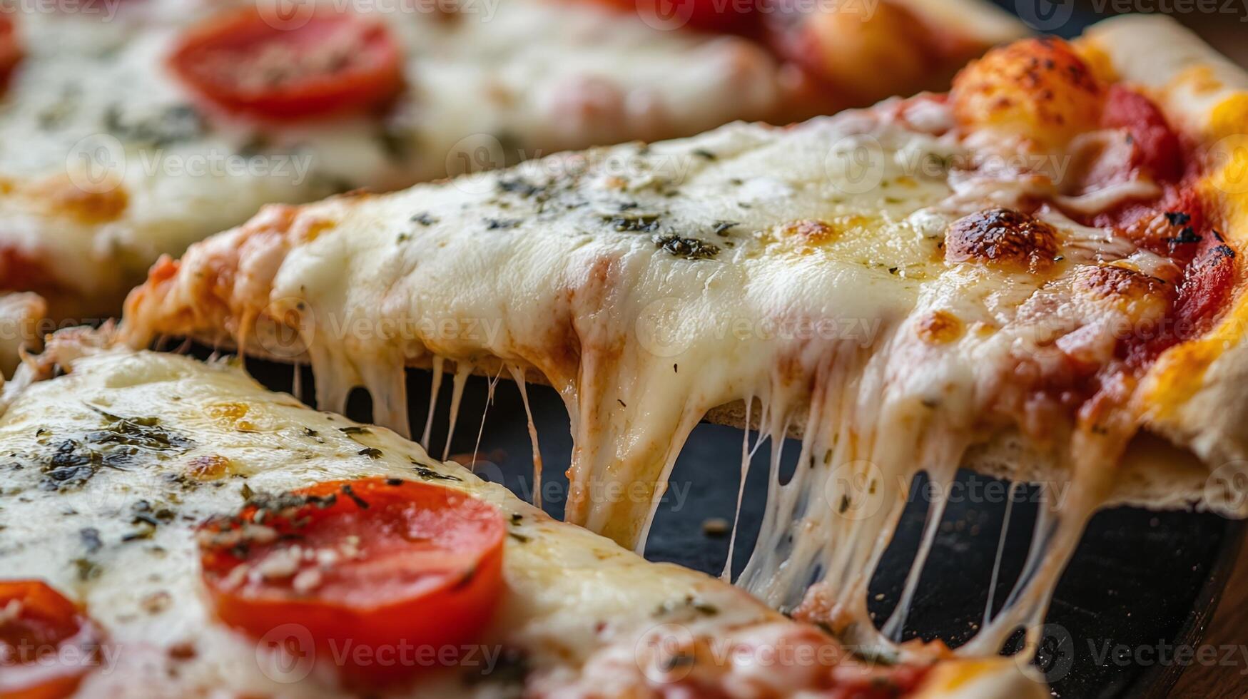 sliced pizza with stretchy mozzarella cheese photo