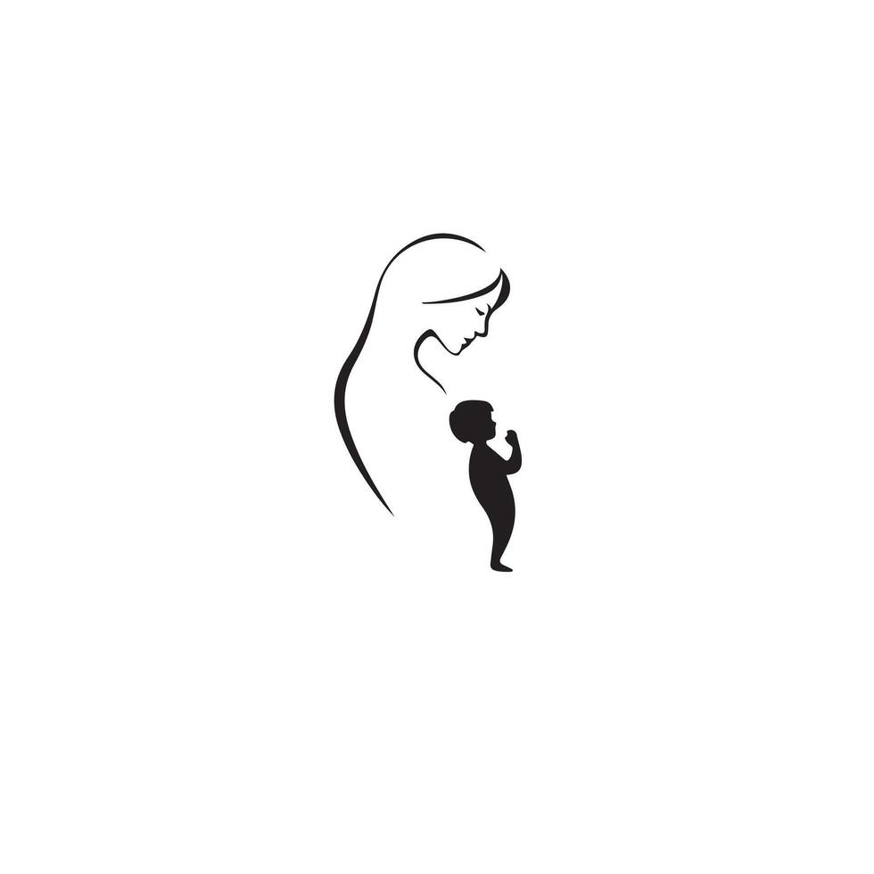 A mother and child are silhouetted in black and white vector