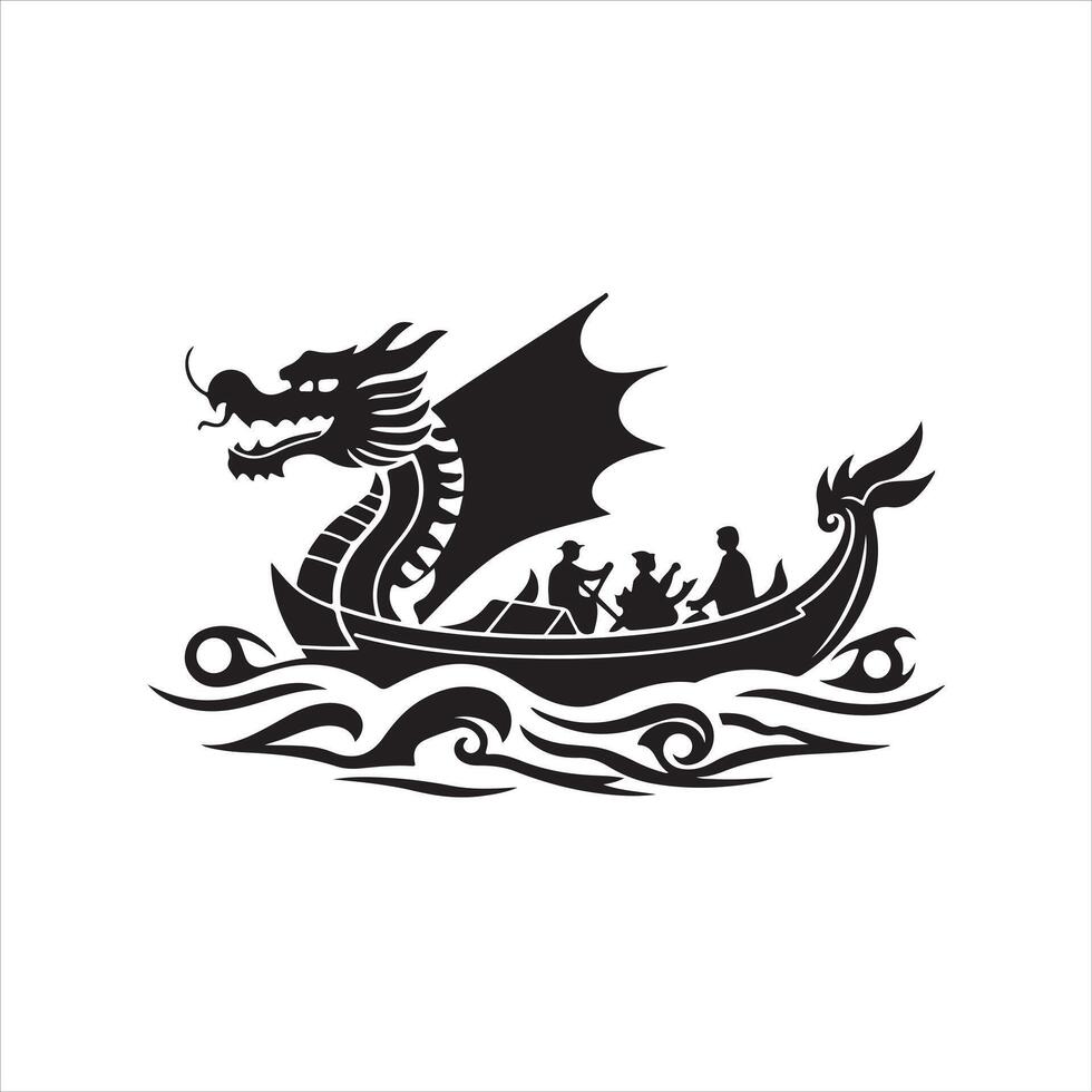 Dragon boat with people on it, black and white vector