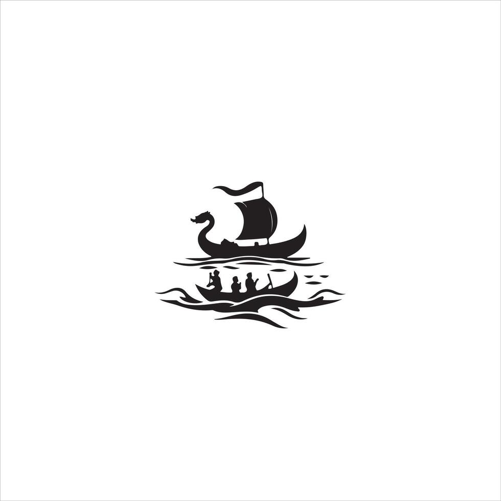 A black and white logo with a boat in the water vector