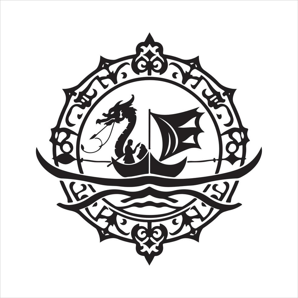 A dragon boat in a circular frame with a dragon on it vector