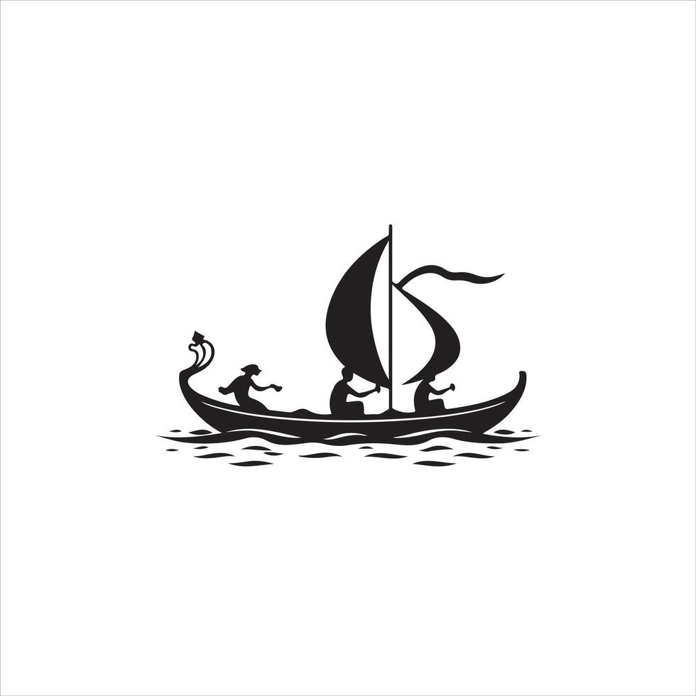 A black and white logo of a boat with two people on it vector