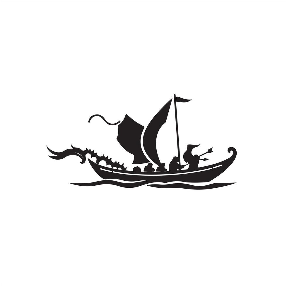 A black and white logo of a boat with a dragon on it vector