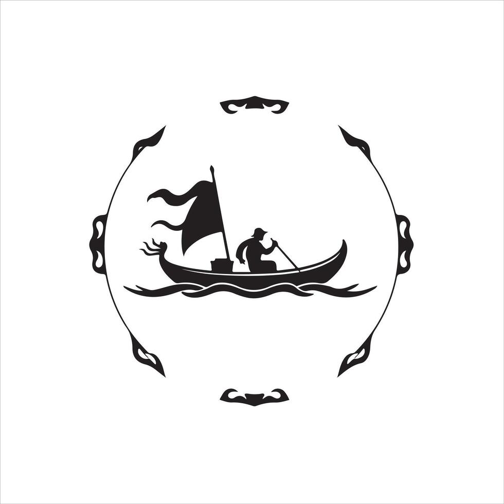A black and white logo of a man in a boat vector