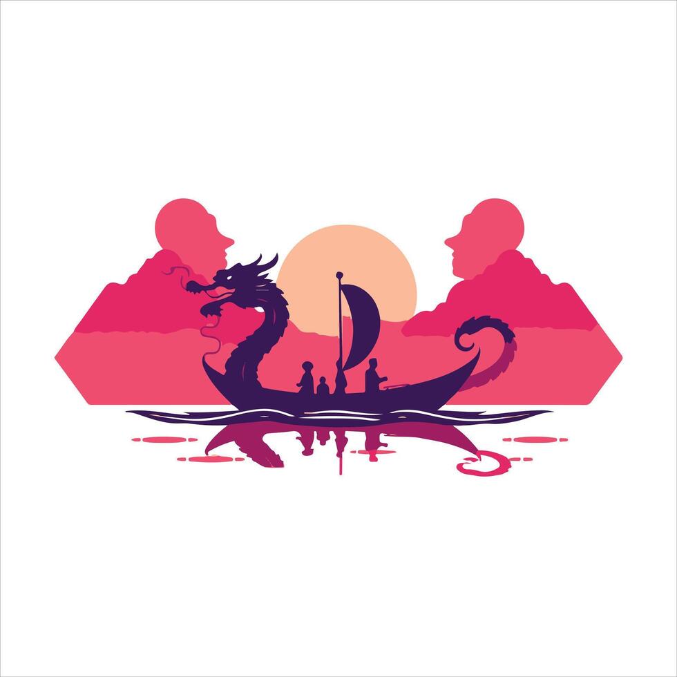 A dragon boat with people on it in front of a sunset vector