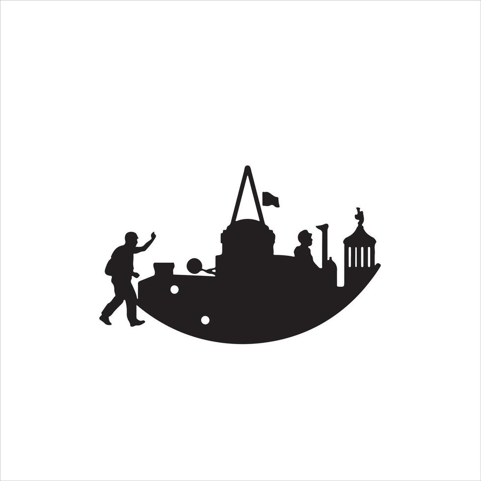 A silhouette of a man standing on a boat with a tower in the background vector
