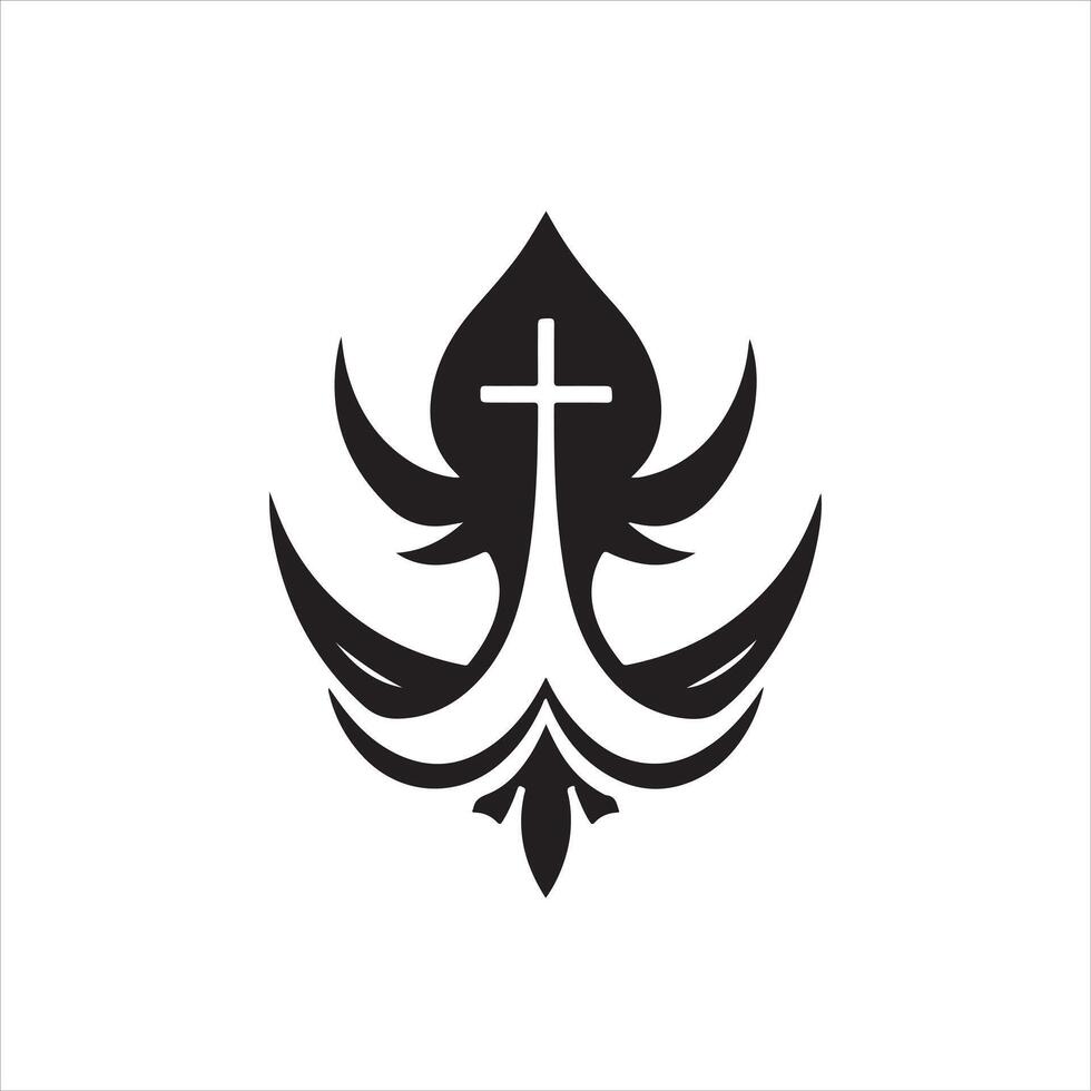 A black and white logo with a cross and a feather vector