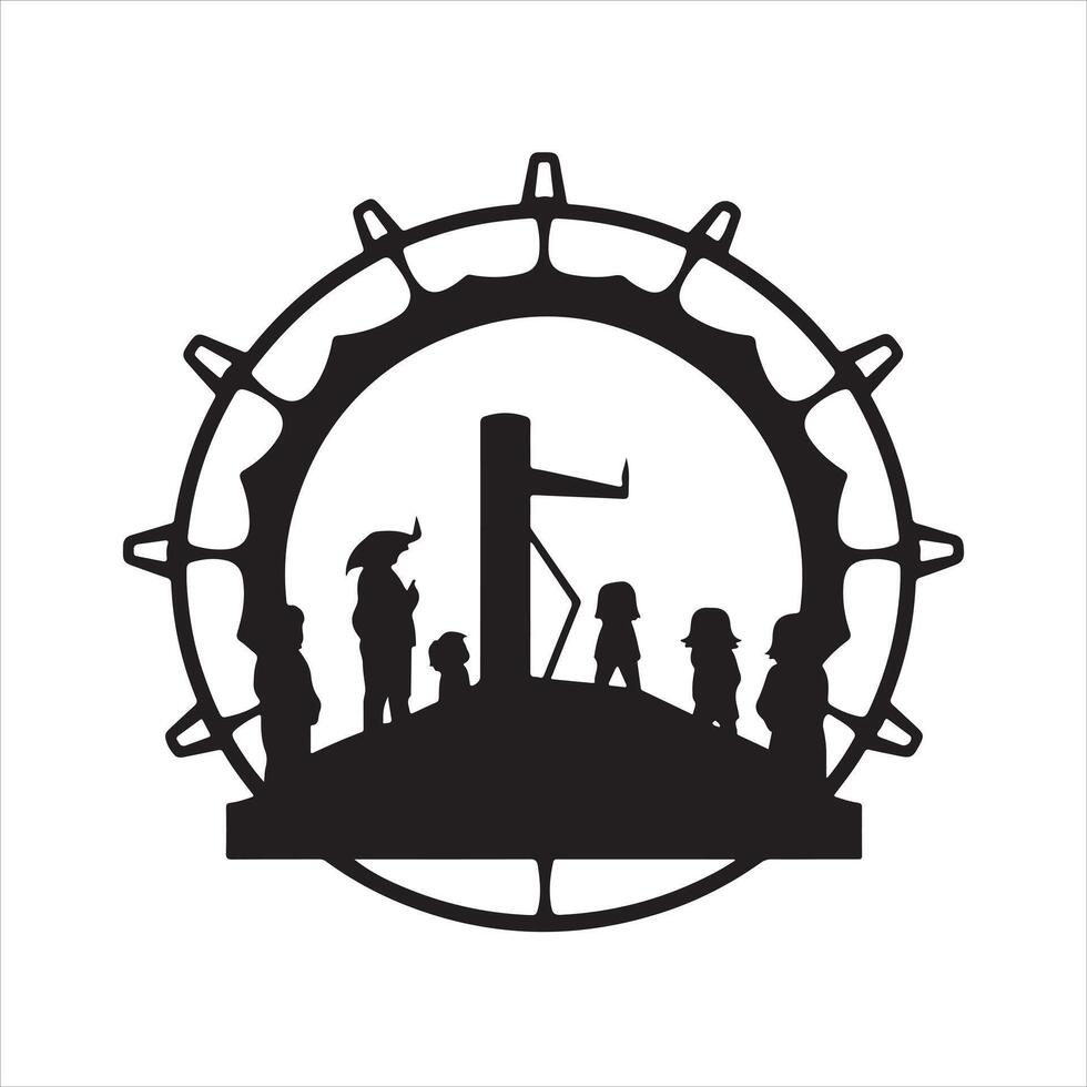A black and white silhouette of people in front of a wheel vector