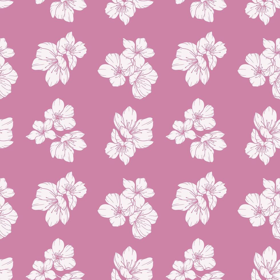 Floral seamless pattern with Sakura hand drawn. Cherry Blossom background. Eco background. Cherry Blossom and greenery hand drawn line art design. Elegant seamless background minimalist style vector