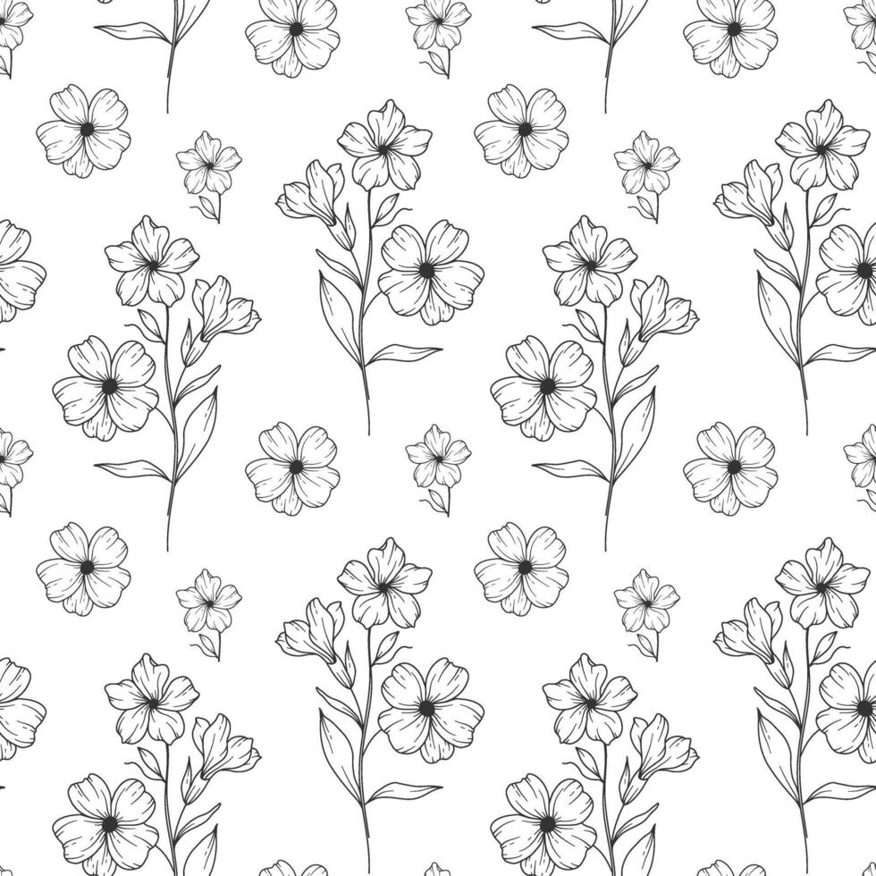 Floral seamless background line art. Primrose seamless pattern. Floral background with Primrose. February birth month flower line art. Botanical Background for wrapping paper, textile vector