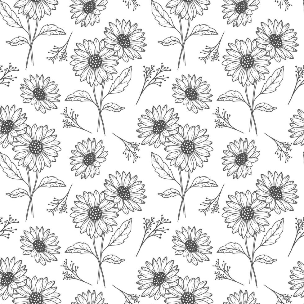 Floral seamless background line art. Daisy seamless pattern. Floral background with Daisy. April birth month flower line art. Botanical Background for wrapping paper, textile vector