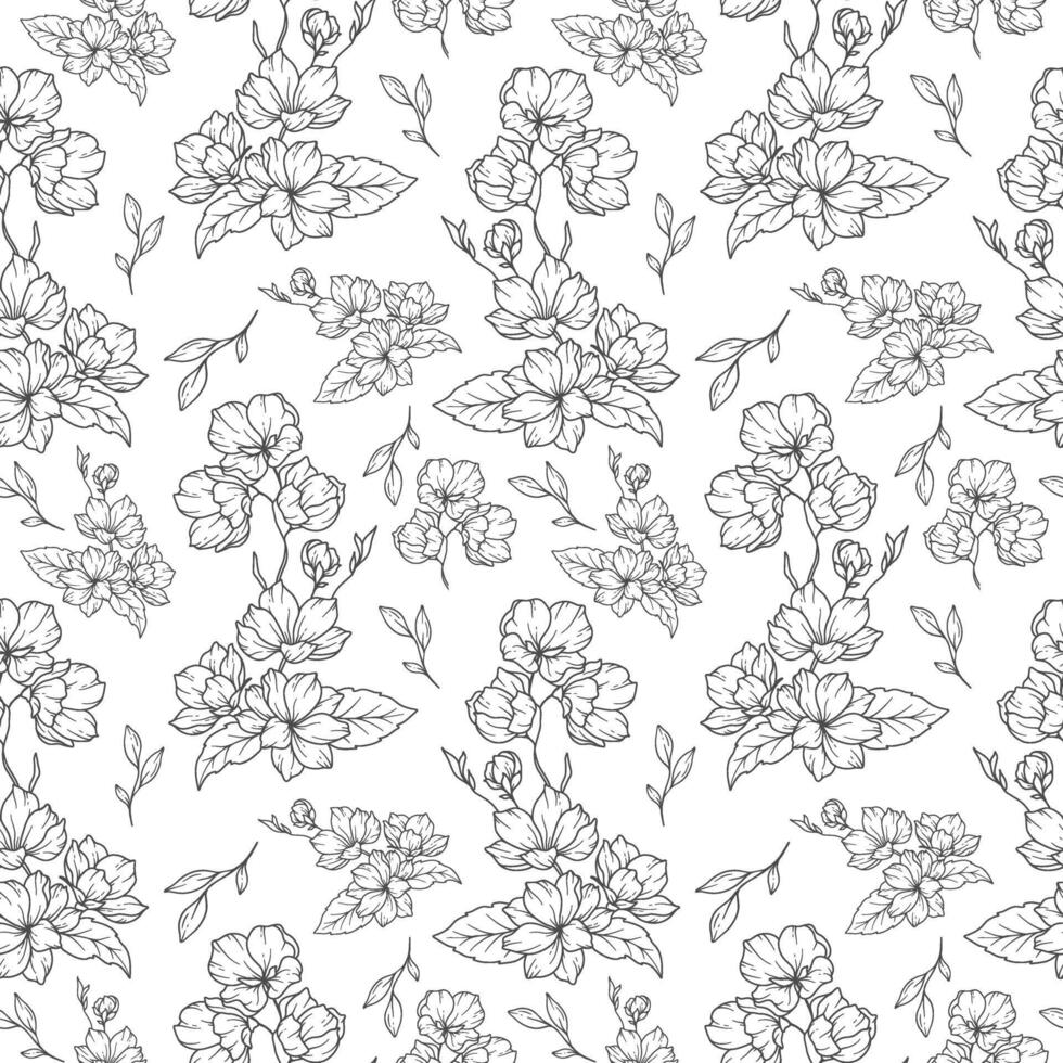 Floral seamless background line art. Cherry Blossom seamless pattern. Floral background with Cherry Blossom. March birth month flower line art. Botanical Background for wrapping paper, textile vector