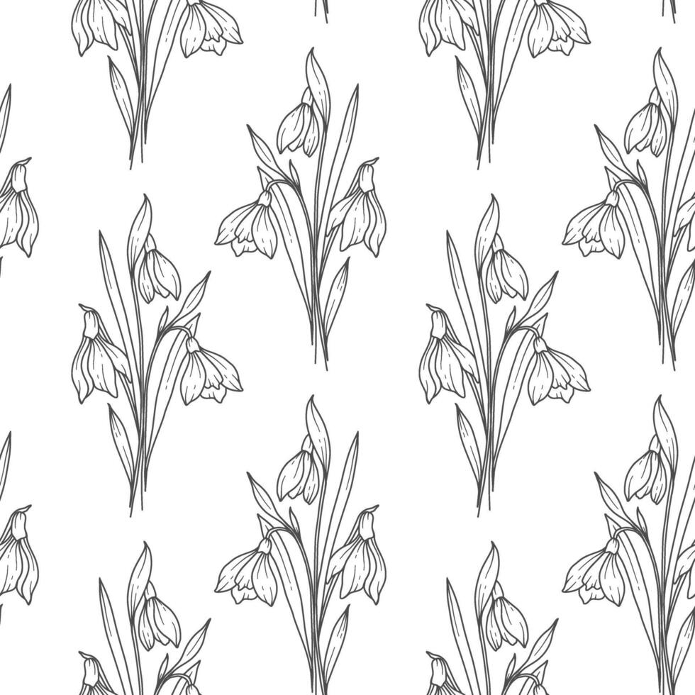 Floral seamless background line art. Snowdrops seamless pattern. Floral background with snowdrops. January birth month flower line art. Botanical Background for wrapping paper, textile vector