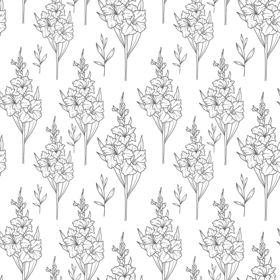 Floral seamless background line art. Gladiolus seamless pattern. Floral background with Gladiolus. August birth month flower line art. Botanical Background for wrapping paper, textile vector