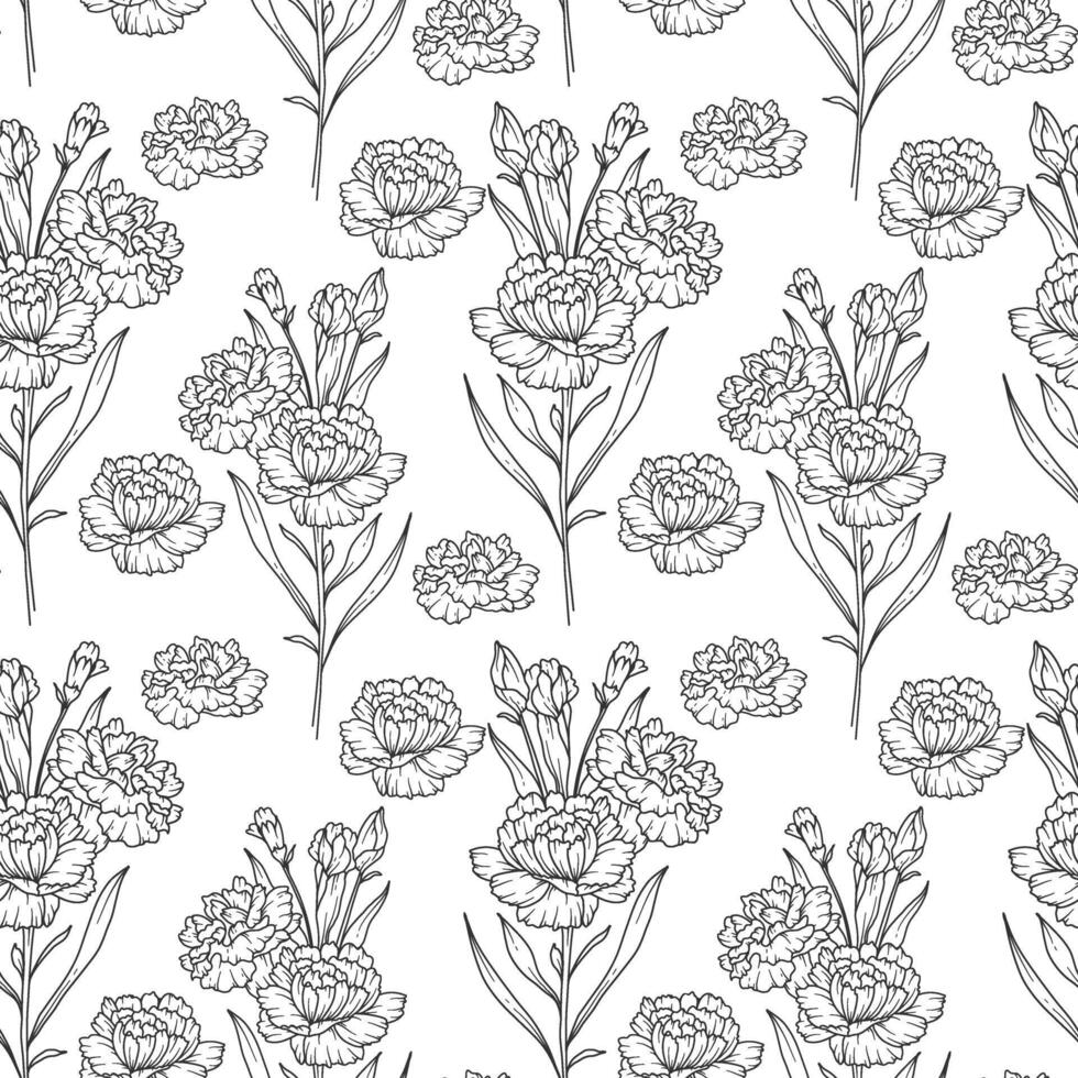 Hand Drawn Floral seamless background line art. Carnations seamless pattern. Floral background with Carnation. January birth month flower line art. Botanical Background for wrapping paper, textile vector