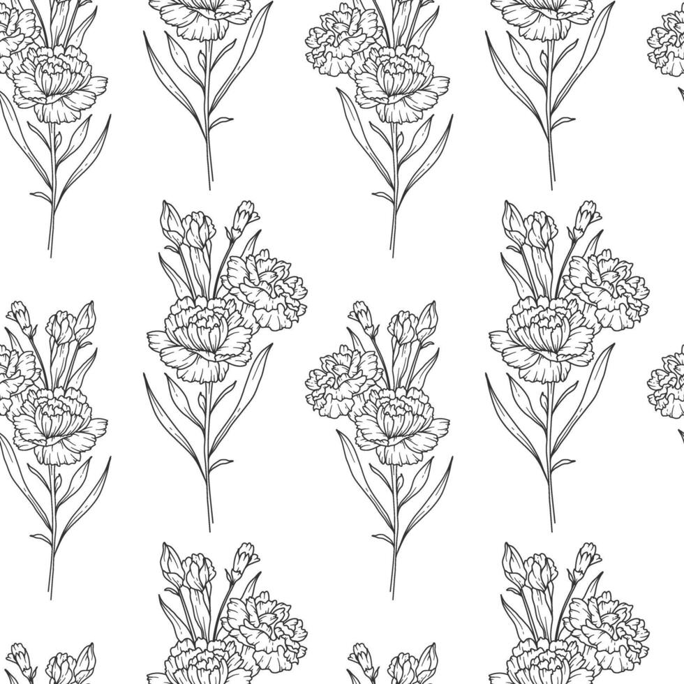 Monochrome Floral seamless background line art. Carnations seamless pattern. Floral background with Carnation. January birth month flower line art. Botanical Background for wrapping paper, textile vector